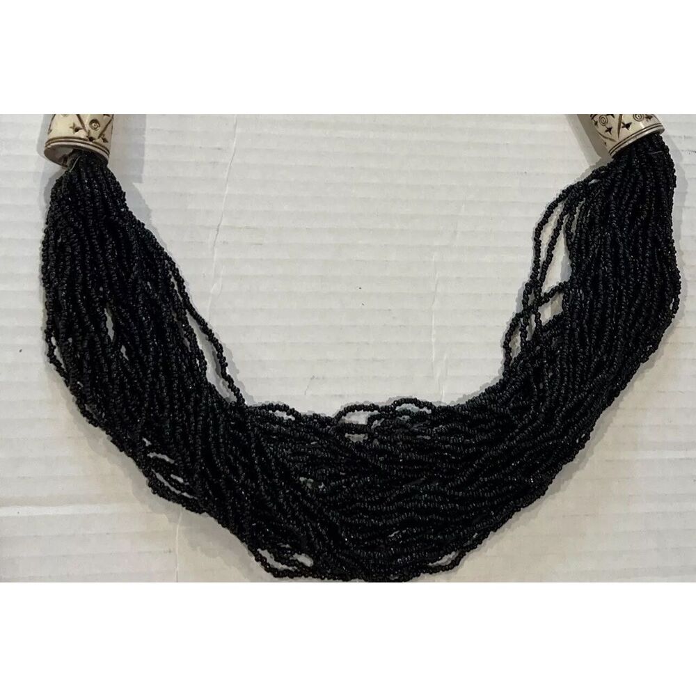 Vintage Black Glass Seed Beads Multi Strand Necklace